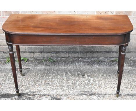 A 19th century mahogany D-end console table with side drawer, on turned fluted supports, width 120cm.