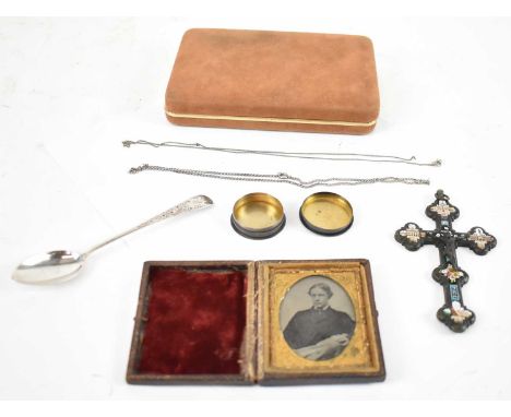 An early 20th century Italian micromosaic crucifix, 10.5 x 6cm, a Victorian ambrotype, a silver teaspoon and a silver pill bo