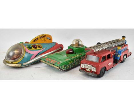 A Chinese tinplate moon rocket, tinplate fire tank and a modern tinplate fire engine (3).