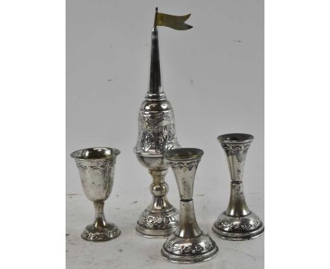 An 800 grade silver spice tower, together with a pair of 800 grade silver candlesticks and a white metal goblet, combined app