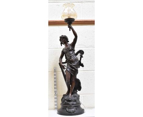 AFTER P MOREAU; a large late 19th century spelter figural table lamp 'L'inspiration', height 78cm.