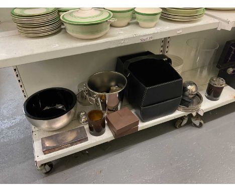 A mixed collection of modern items including ice bucket, bowl, Ralph Lauren cigarette box, sundial, etc.