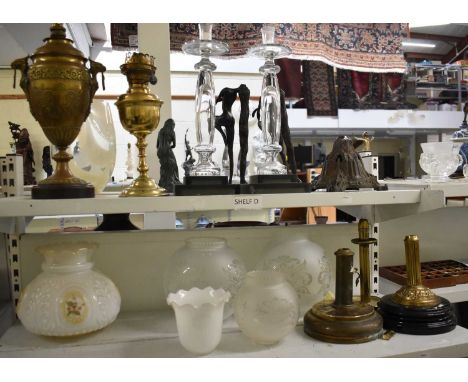 A pair of modern glass candlesticks (af), two brass oil lamps, five glass shades and four lamp bases.