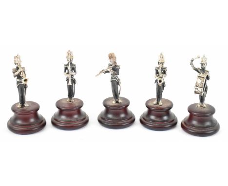 SJ ROSE &amp; SON; a set of five hallmarked silver figures of military bandsmen with various musical instruments, height appr