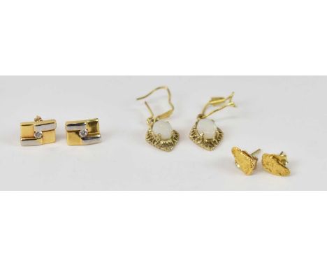 A pair of 14ct yellow gold earrings, a pair of 9ct yellow and white gold earrings set with central white stones, together wit