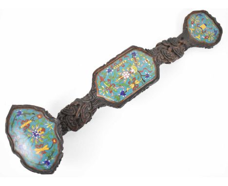 A Chinese carved hardwood and cloisonné enamel inset Ruyi sceptre, 54cm.