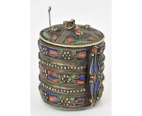 An Indian white metal, enamel and stone set circular pot, height 8.5cm.