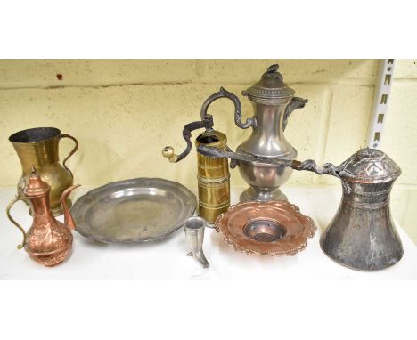 A small selection of metalware including brass grinder, Eastern coffee pot, etc (8).