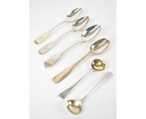 Four assorted hallmarked silver spoons, together with a pair of hallmarked silver condiment spoons, combined approx. 3ozt/94g