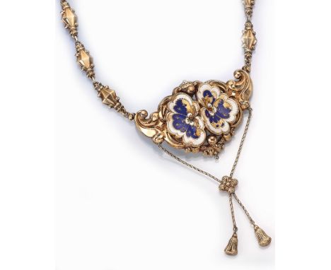 Biedermeiercollier, wohl Österreich um 1835/ 40,   Schaumgold, fein geprägt, blau und weißemailliert, goldpiquee, Email z.T. 