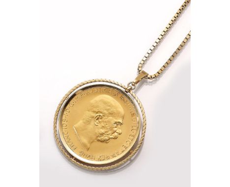 14 kt Gold Anhänger mit Goldmünze,   an Kette, GG 585/000, Münzeinlage: 100 Kronen/Corona, Österreich 1915, offizielle Nachpr