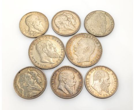 8 Silbermünzen:   2 Mark Deutsches Reich 1902, Friedrich Gross- herzog von Baden; 2 x 2 Mark Deutsches Reich 1906, Friedrich 
