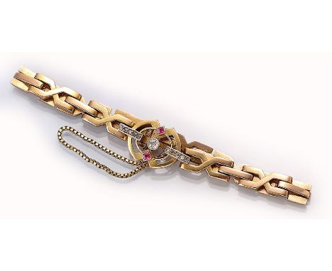 14 kt Gold Jugendstil Armband mit Rubinen und Diamanten,   GG 585/000, Altschliffdiamant ca. 0.10 ct Weiß/p, 10 Diamantrosen,