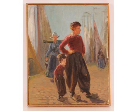 Mid 20th century Dutch school study depicting figures on a quayside; 20th century school study of a worker wearing clogs oper
