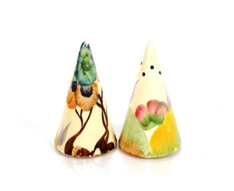 A pair of Clarice Cliff design conical salt and pepper pots, having floral spray decoration