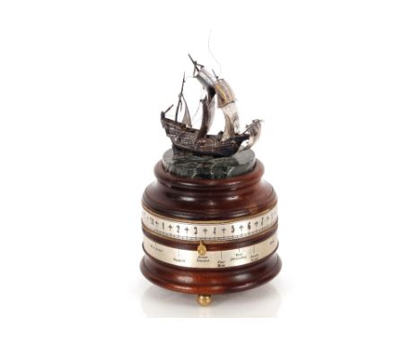 A Charles Frodsham, London St James House Company Mariners world clock, surmounted by a white metal model of the Golden Hind 