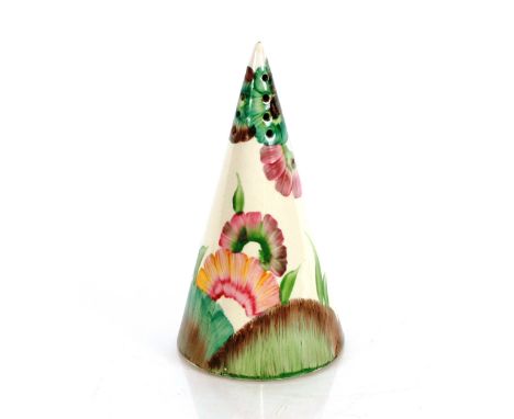 A Clarice Cliff "Bizarre" conical sugar shaker, having floral decoration, 14cm high 