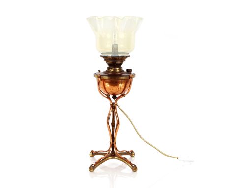 A W.A.S.Benson copper table oil lamp (converted to electricity) with opalescent glass shade 