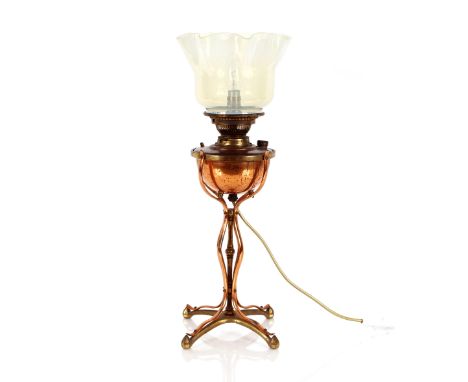 A W.A.S.Benson copper table oil lamp (converted to electricity) with opalescent glass shade 