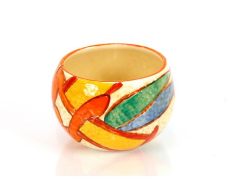 A small Clarice Cliff "Fantasque Bizarre" bowl, with brightly coloured orange, blue, green floral and fruit decoration AF, 7c