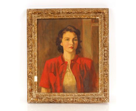 Lydia Miéville, portrait study of a lady wearing a red jacket, signed oil on canvas, 60cm x 49cm in decorative gilt frame