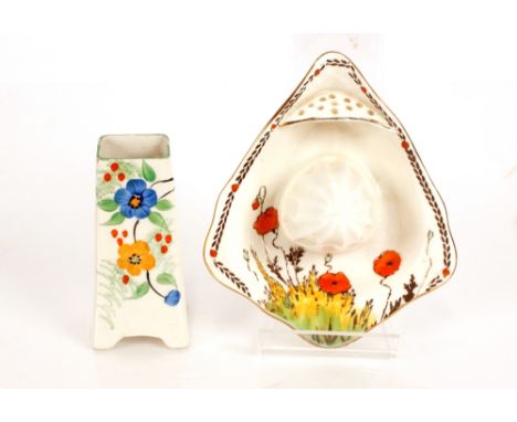 An Art Deco design Crown Ducal lemon squeezer, with poppy decoration; and an unmarked Art Deco floral decorated posy vase 10c