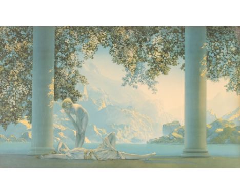 A large Maxfield Parrish Chromo lithograph, 92cm x 63cm in dark wood rippled frame 