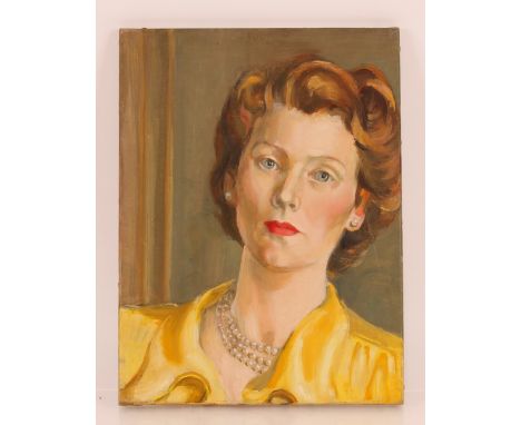 20th Century school, portrait study of a young woman in yellow dress, wearing a triple strand of pearls, 41cm x 30cm; another