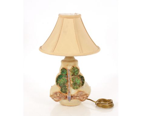 A Bernard Rooke dragonfly and leaf decorated lamp, complete with shade, 45cm high overall