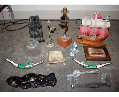 Various miscellaneous Art Deco and other items, to include a table lamp in the form of a ship, a spelter figure, a photograph