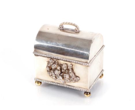 A modern silver cased music box of casket shape, with raised partridge and pear tree decorated motif, 7cm long x 6.5 cm high