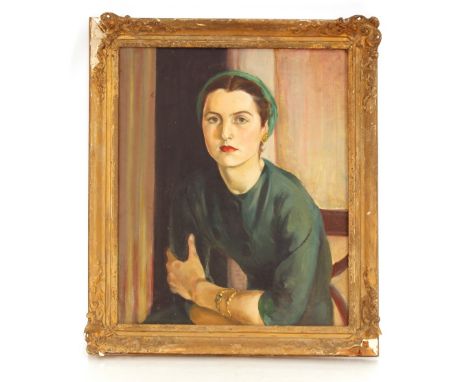 20th Century school, portrait study of a lady in green dress, unsigned oil on canvas, 60cm x 49.5cm 