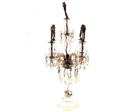 A glass chandelier type five light table lamp, with faceted prism drops, 64cm 