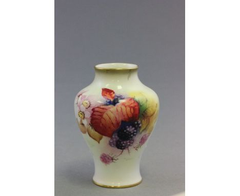 A small Royal Worcester porcelain vase; in the Autumn berry pattern; signed and painted by M. Miller; bearing black painted m