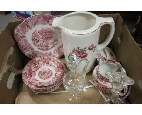 Etched glass claret jug with stopper, glass candlestick and a quantity of Enoch Wood decorated china etc