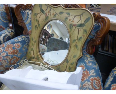 Scalloped edged painted wall mirror decorated with birds in branches, a metal tray and a painted wall bracket