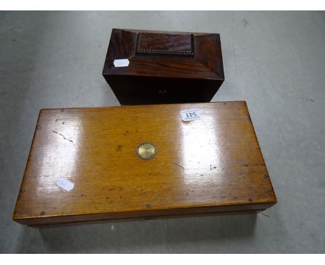 Oak tea caddy, a brass tea caddy and another box