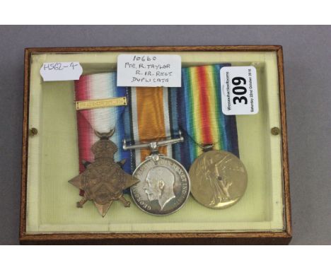 WW1 Cased Duplicate Medal trio to 10660 Pte R Taylor R.I.R Regiment with 1914 Mons Star      