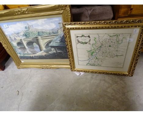 Framed and Glazed Reproduction Robert Morden Print of Gloucestershire plus Gilt Framed and Glazed Watercolour Bridge over Riv