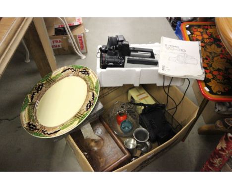 Boxed of mixed collectibles including ceramics, glass canon VC30 video recorder etc