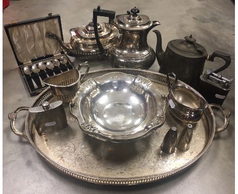 A collection of  silver plated items, plus a vintage jumbo table lighter (working)