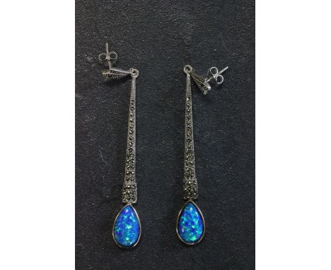 Pair of silver marcasite and opal Art Deco style drop earrings