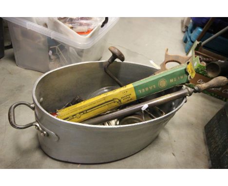 Large Oval Cooking Pot together with Old Tools, etc