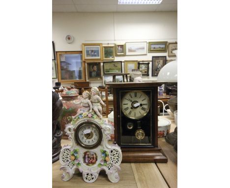Mahogany cased mantel clock plus a ceramic clock