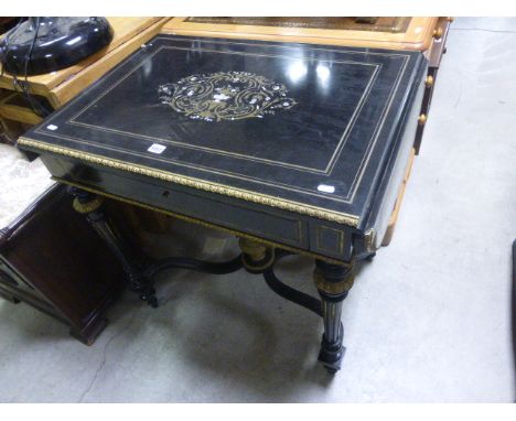 Empire Style Black and Gold Side Table with drop flaps to side, the top floral inlaid with brass and mother of pearl and the 