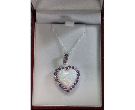 Silver opal and pink sapphire heart shaped pendant necklace on silver chain