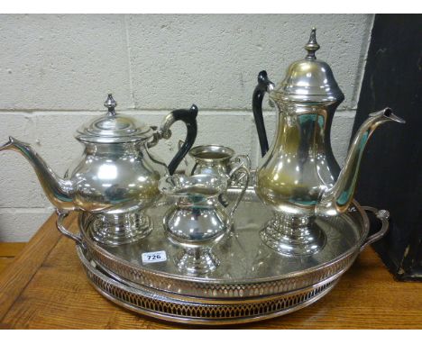 Silver plated coffee and tea service and two silver plated trays