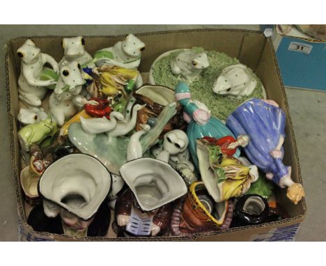 Box of mixed ceramics to include character jugs, musician frogs, Nao ducks and figurines