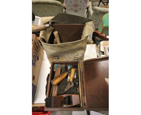 Wooden Tool Box and a Wartime Canvas Tool Bag with Various Vintage Wooden Handled Tools including Chisels, Trowels, Ruler, et