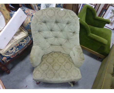 Victorian Green Upholstered Button Back Low Armchair